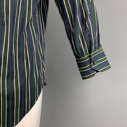 ETRO Size S Navy & Green Stripe Cotton Button Up Long Sleeve Shirt
