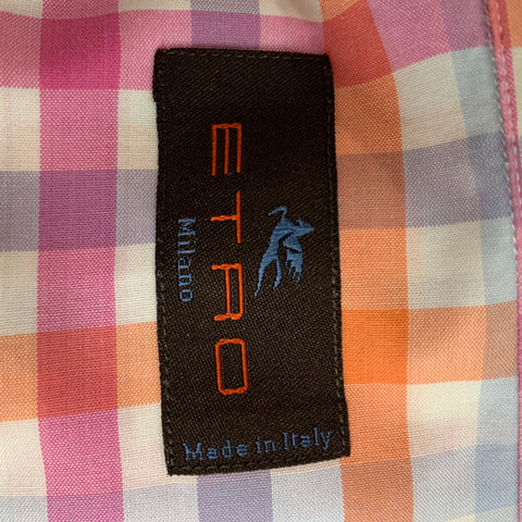 ETRO Size M Orange White Checkered Cotton Embroidered Long Sleeve Shirt