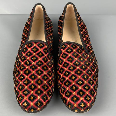 STUBBS &amp; WOOTTON Talla 10 Mocasines planos con textura de terciopelo rojo negro