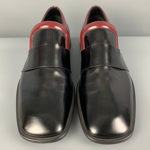 PRADA Size 7.5 Black Burgundy Two Toned Leather Square Toe Loafers