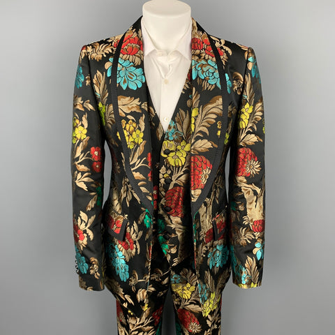 DOLCE & GABBANA F/W 19 Size 42 Black & Multi-Color Brocade Acetate Blend 3 Piece Suit