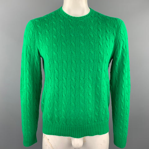 RALPH LAUREN Size L Green Cable Knit Cashmere Crew-Neck Sweater