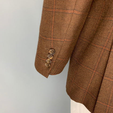 KITON Size 44 Brown Orange Window Pane Cashmere Notch Lapel Sport Coat