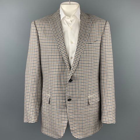 ERMENEGILDO ZEGNA Size 46 Crossover Taupe & Blue Plaid Linen Blend Notch Lapel Sport Coat