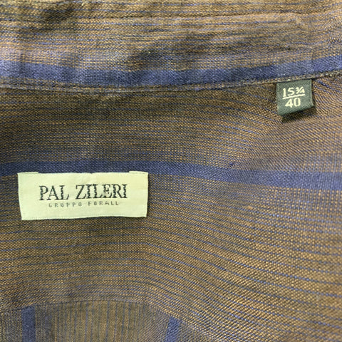 PAL ZILERI Size M Brown &  Blue Stripe Linen Nehru Collar Long Sleeve Shirt
