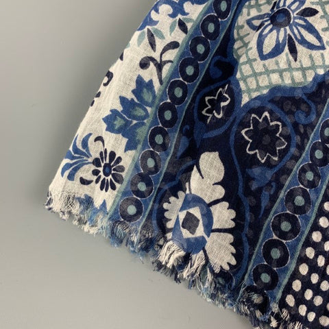 CAMERUCCI Bufanda de algodón floral abstracta azul blanco