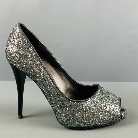 GIUSEPPE ZANOTTI Size 5.5 Silver Glitter Peep Toe Pumps