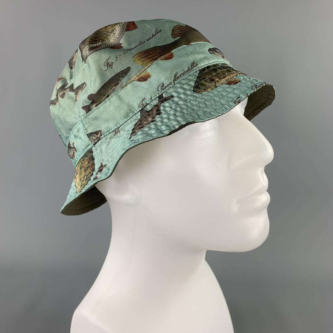 BARBOUR Olive Fish Print Nylon Reversible Bucket Hat