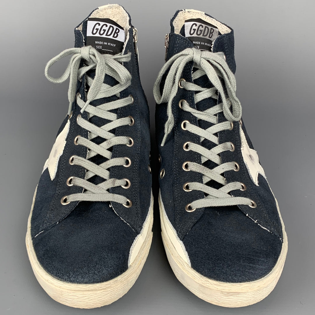 GOLDEN GOOSE Francy Size 10 Navy & White Distressed Suede High Top Sneakers
