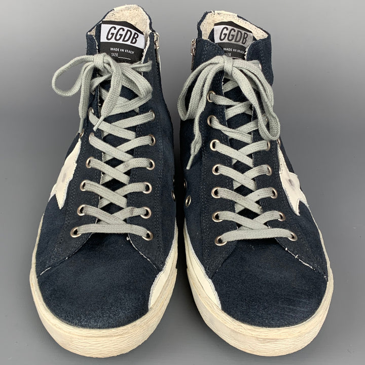 GOLDEN GOOSE Francy Size 10 Navy & White Distressed Suede High Top Sneakers
