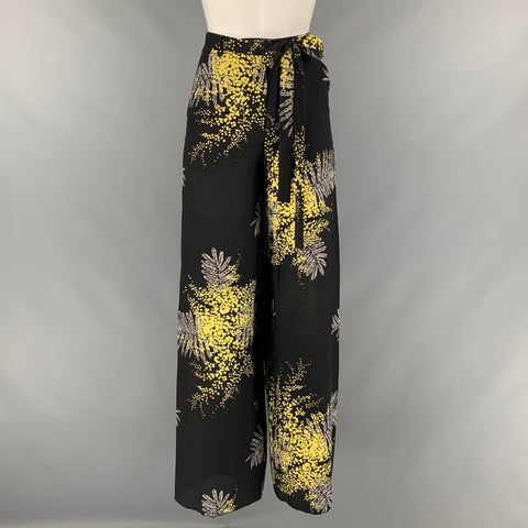 VALENTINO Size 00 Black Yellow Silk Floral Wide Leg Casual Pants