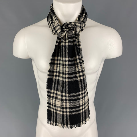 HARRODS Black White Plaid Wool Fringe Scarf