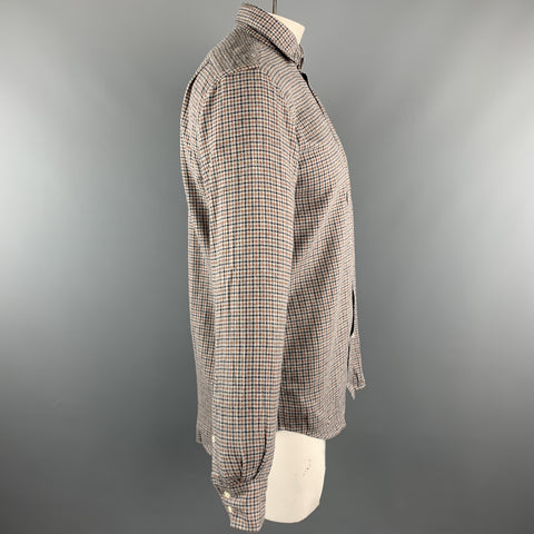 HARTFORD Size L Grey & Orange Plaid Cotton Button Up Long Sleeve Shirt