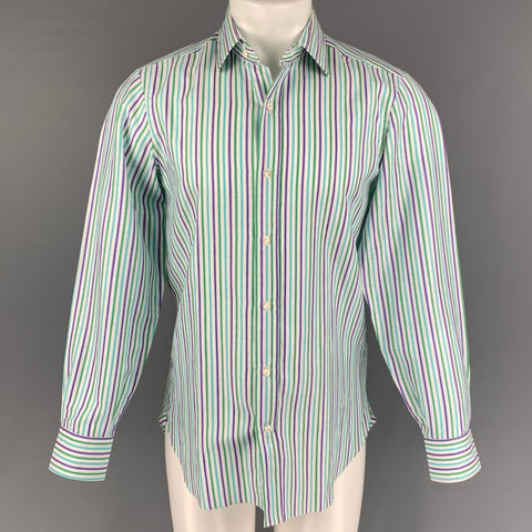ETRO Size M White Green Purple Stripe Cotton Linen Long Sleeve Shirt