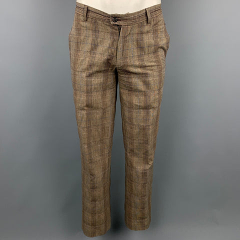 PODOLL Size M Brown Plaid Cotton Blend Peak Lapel Suit