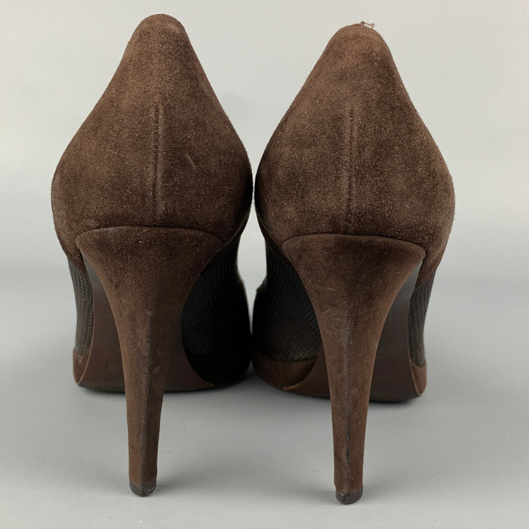 SERGIO ROSSI Size 9.5 Brown Leather Embossed Suede Platform Pumps