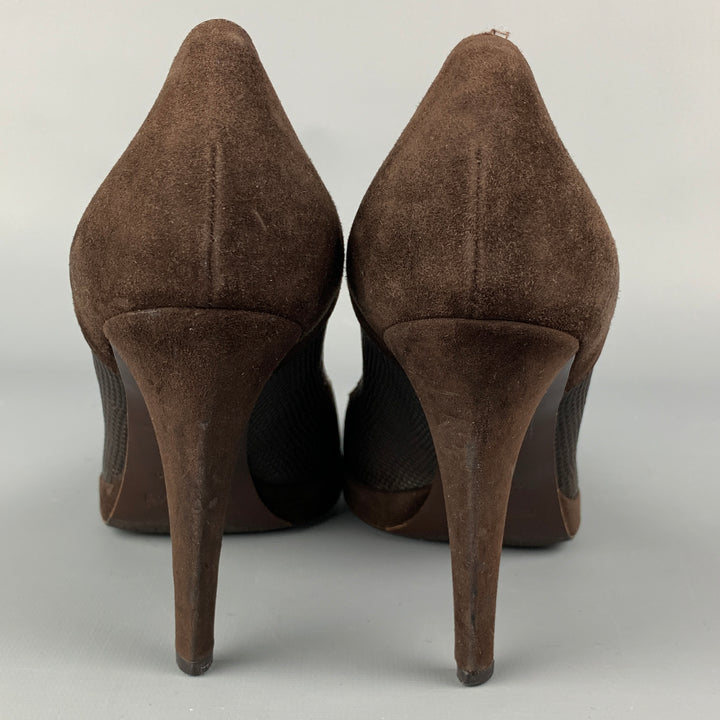 SERGIO ROSSI Size 9.5 Brown Leather Embossed Suede Platform Pumps