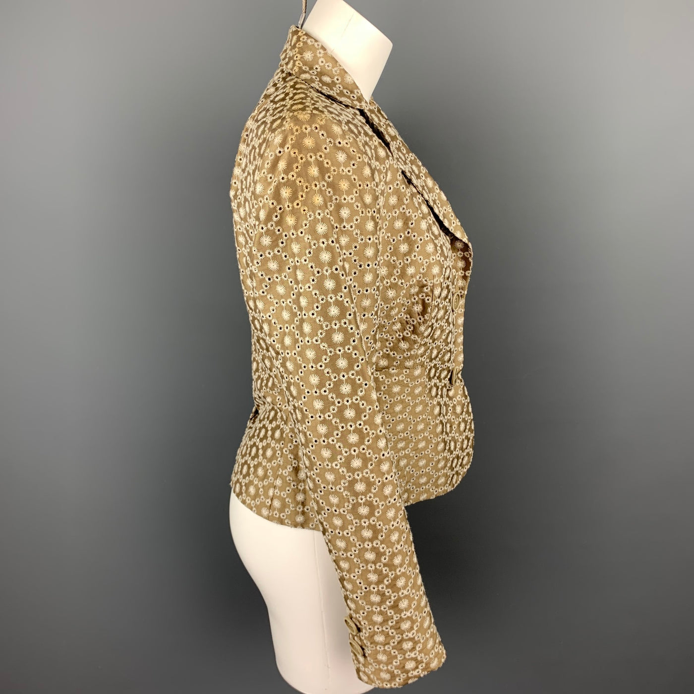 AKRIS Size 6 Taupe & Cream Silk / Cotton Embroidered Taffeta Cropped Blazer