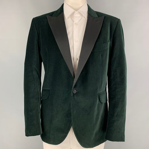 KENT CURWEN Size 46 Forest Green Black Velvet Cotton Peak Lapel Sport Coat