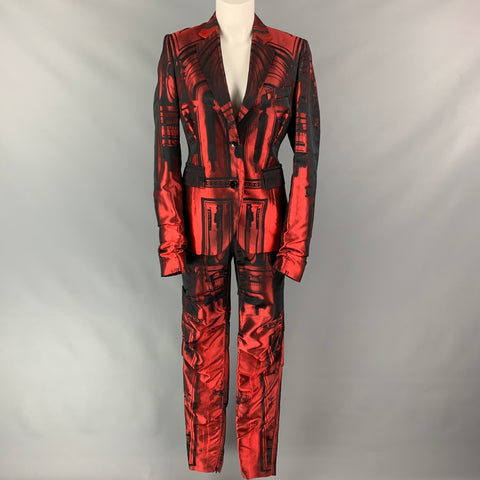 PAUL SMITH Take Pleasure Seriously Size 6 Red & Black Print Acetate Blend Ruched Pants Suit