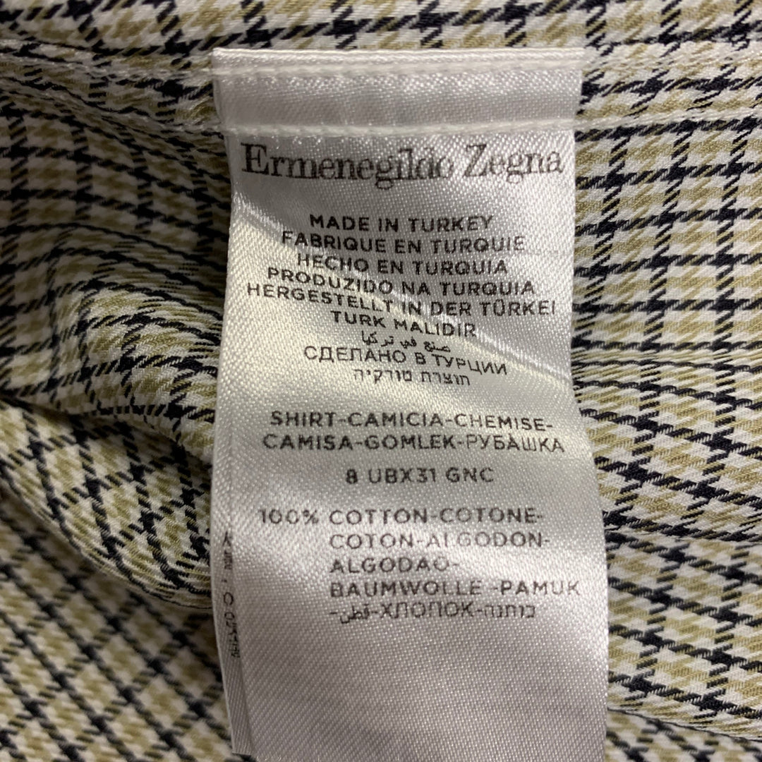 ERMENEGILDO ZEGNA Size L Navy Gold Checkered Cotton Long Sleeve Shirt