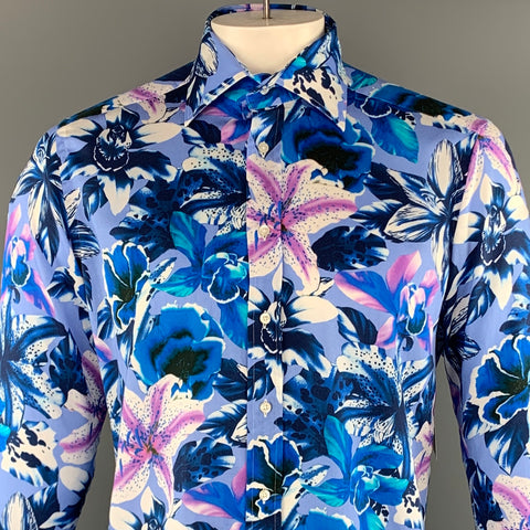 ETRO Taille M Chemise à manches longues boutonnée en coton floral bleu et lavande