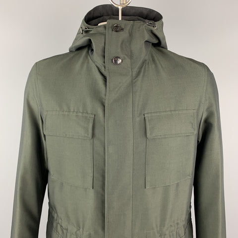 ERMENEGILDO ZEGNA Size 40 Olive Sharkskin Hooded Drawstring Anorak