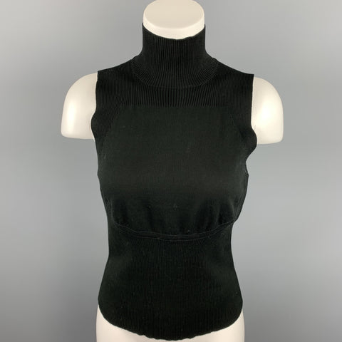 CHANEL Talla 8 Jersey sin mangas con cuello alto acanalado de algodón negro