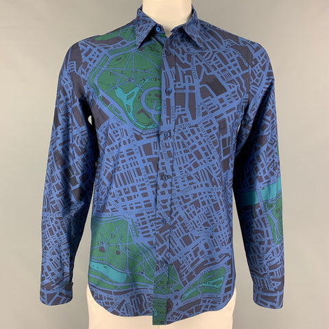 BURBERRY PRORSUM Size L Navy Blue Cotton Silk London Map Print Long Sleeve Shirt