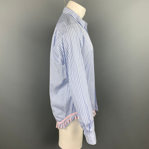 COMME des GARCONS HOMME PLUS Size M Blue Stripe Cotton Fringe Trim Long Sleeve Shirt