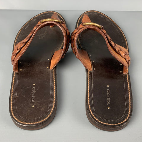 TOM FORD Size 10 Tan Braided Leather T-strap Sandals