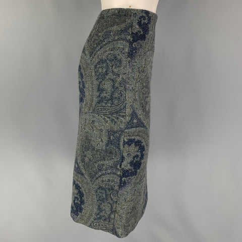 RALPH LAUREN Black Label Size 4 Blue Grey Wool Paisley Pencil Below Knee Skirt