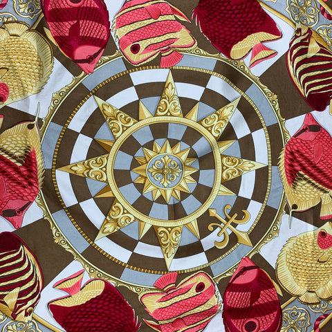 SALVATORE FERRAGAMO Yellow & Red Fish Print Twill Scarf