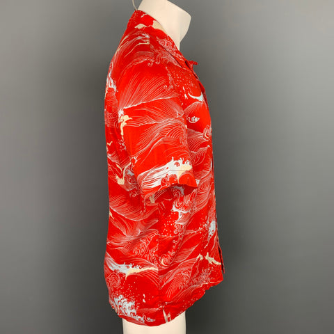 ALLSAINTS Size S Red Abstract Viscose Short Sleeve Shirt