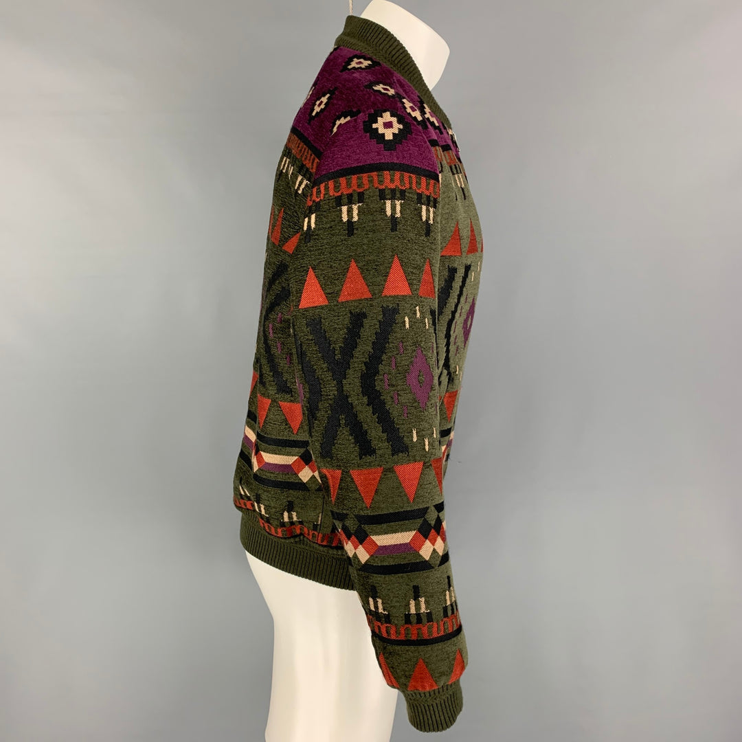 ETRO Size M Olive Purple Pattern Wool Blend Zip Up Bomber Jacket