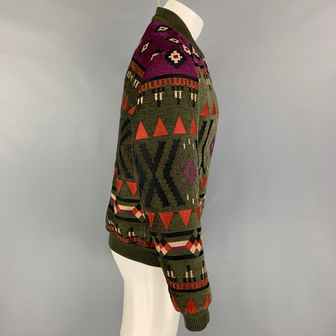 ETRO Taille M Olive Violet Motif Laine Mélange Zip Up Bomber Jacket