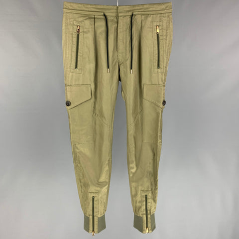 PAUL SMITH Taille 32 Pantalon décontracté en coton olive / Cupro avec cordon de serrage