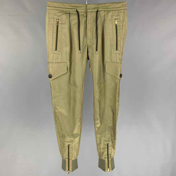 PAUL SMITH Talla 32 Pantalones casuales con cordón de algodón / cupro verde oliva