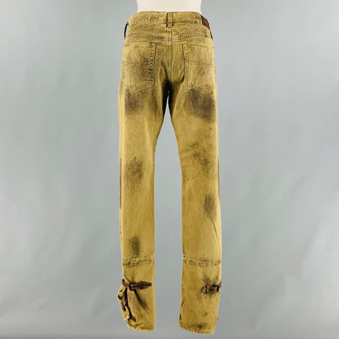 RALPH LAUREN Size 29 Khaki Grey Cotton Distressed Leather Jeans