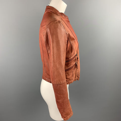 VINTAGE Size L Rust Brown Distressed Leather Zip Up Jacket