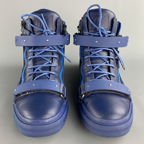 GIUSEPPE ZANOTTI Size 13 Navy Leather High Top Lace Up Sneakers