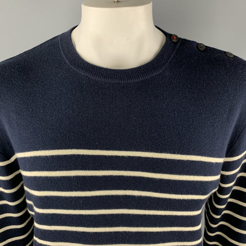 RALPH LAUREN Talla XL Suéter con botones laterales de algodón / cachemira a rayas azul marino y crema