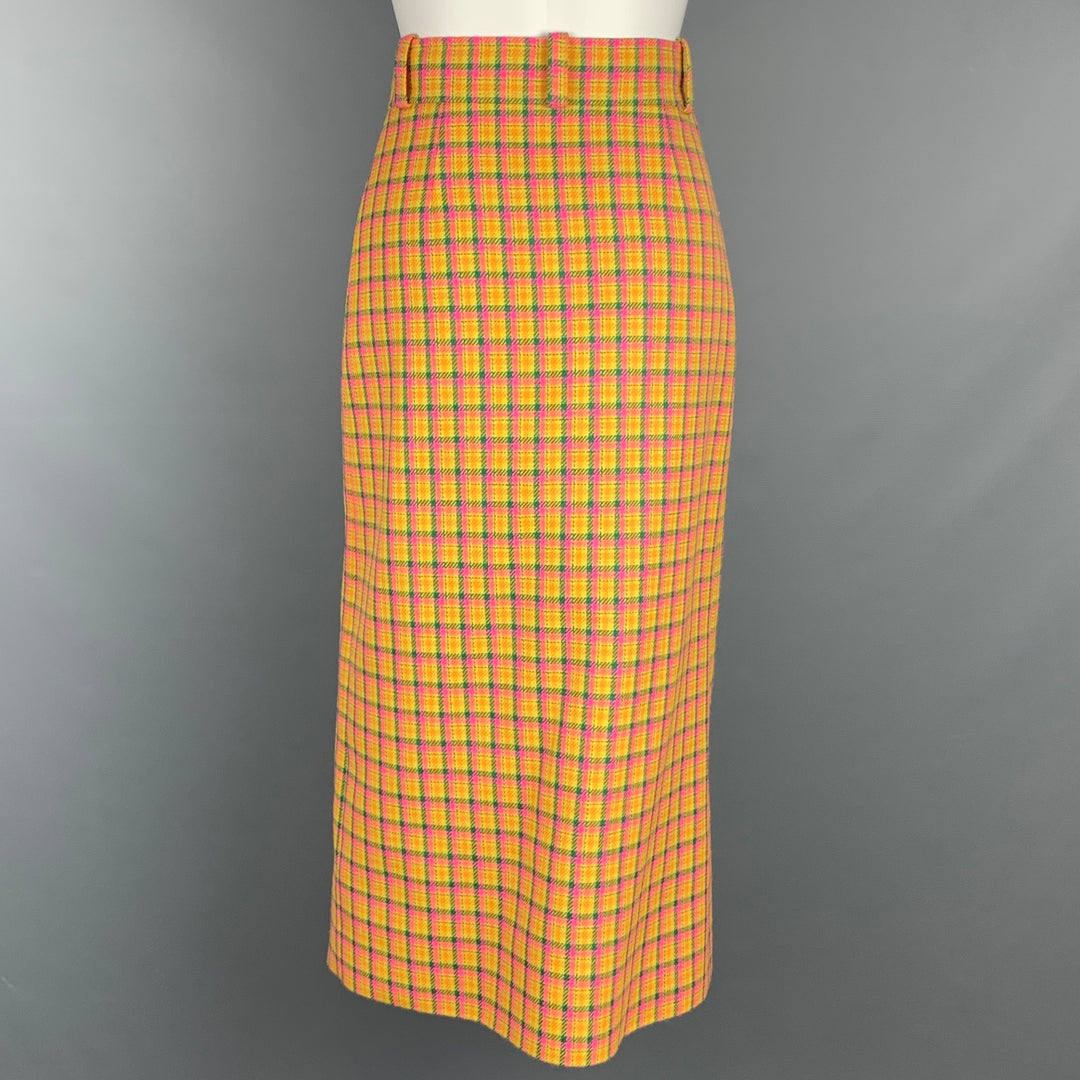 BALENCIAGA FW 2018 Size 4 Yellow & Pink Check Print Wool / Viscose High Waisted Midi Skirt