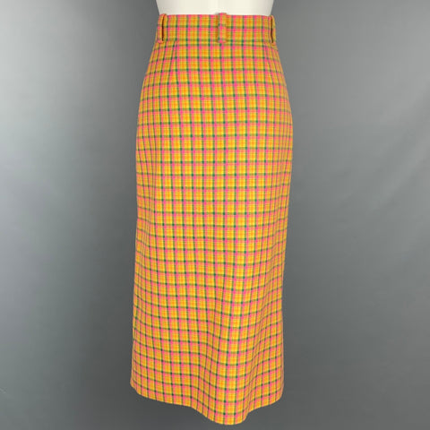 BALENCIAGA FW 2018 Size 4 Yellow & Pink Check Print Wool / Viscose High Waisted Midi Skirt