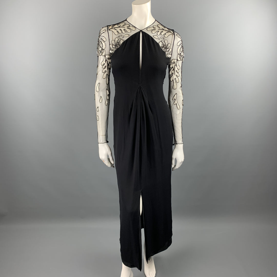 BILL BLASS Size 6 Black Cream Floral Mesh Sleeve Chiffon Gown