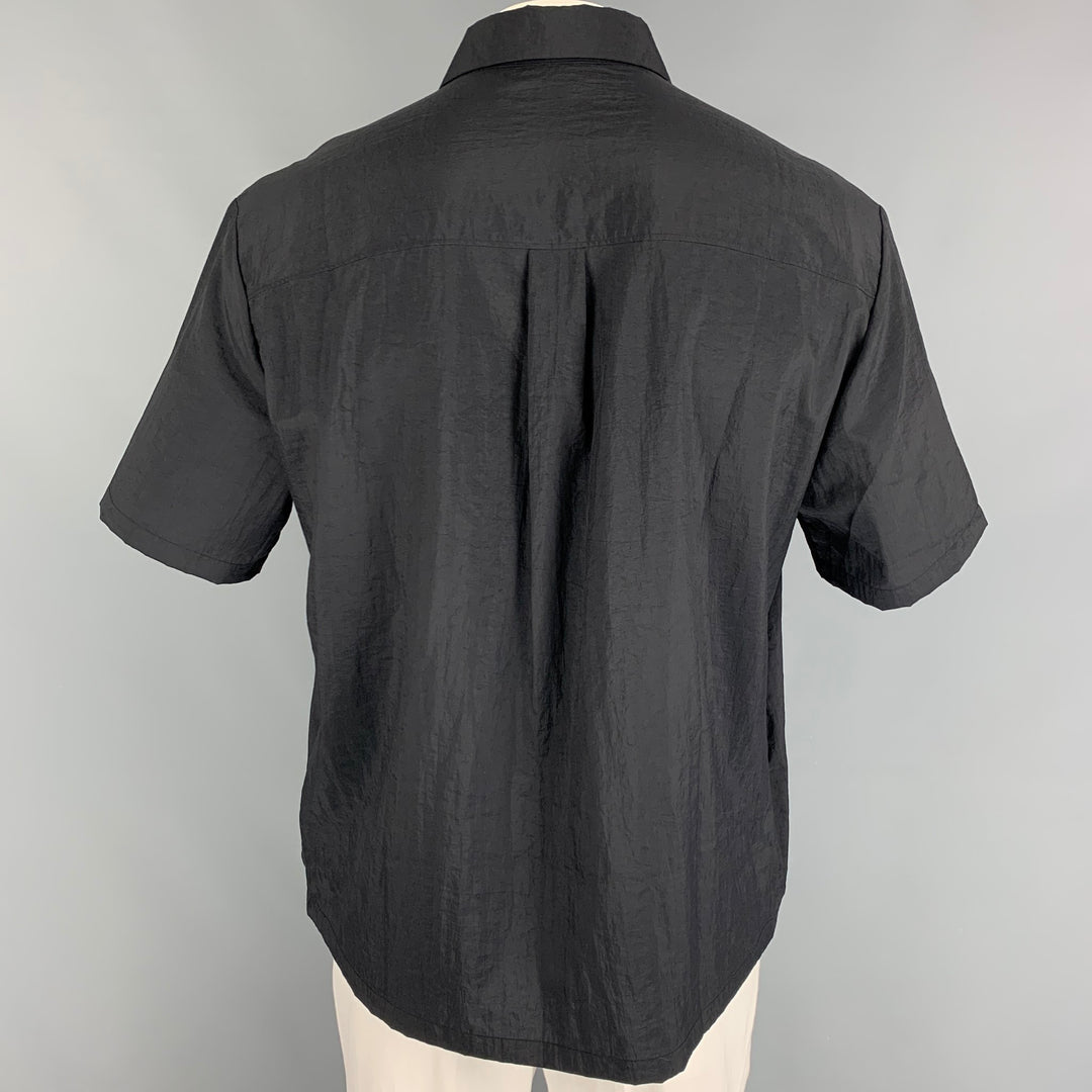 WEEKDAY Size L Black Textured Polyamide Button Up Short Sleeve Shirt