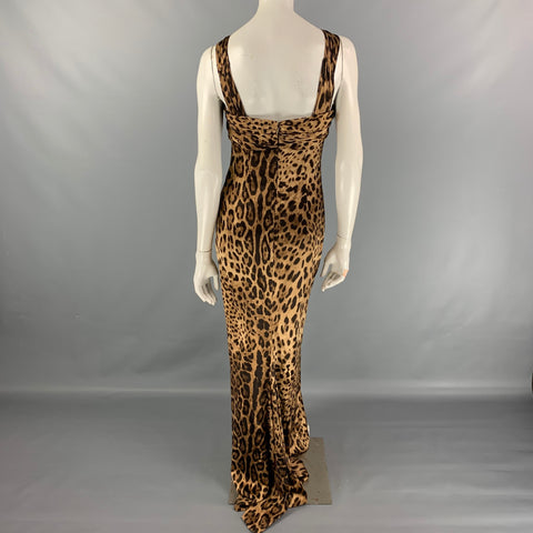 DOLCE &amp; GABBANA Vestido largo columna de satén con estampado animal marrón y beige talla 10