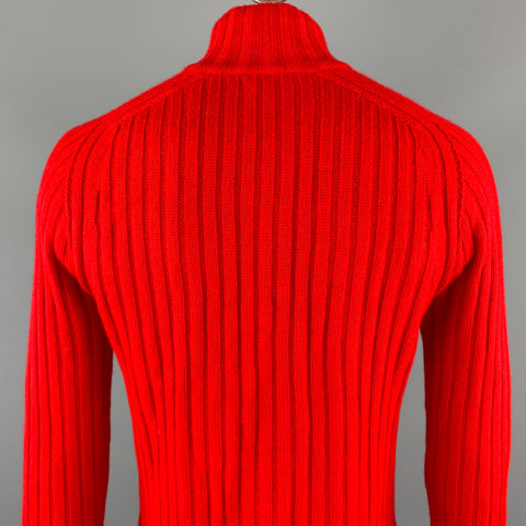 MOSCHINO Size XL Red Ribbed Cashmere High Collar Slit Pockets Zip Up Pullover Sweater