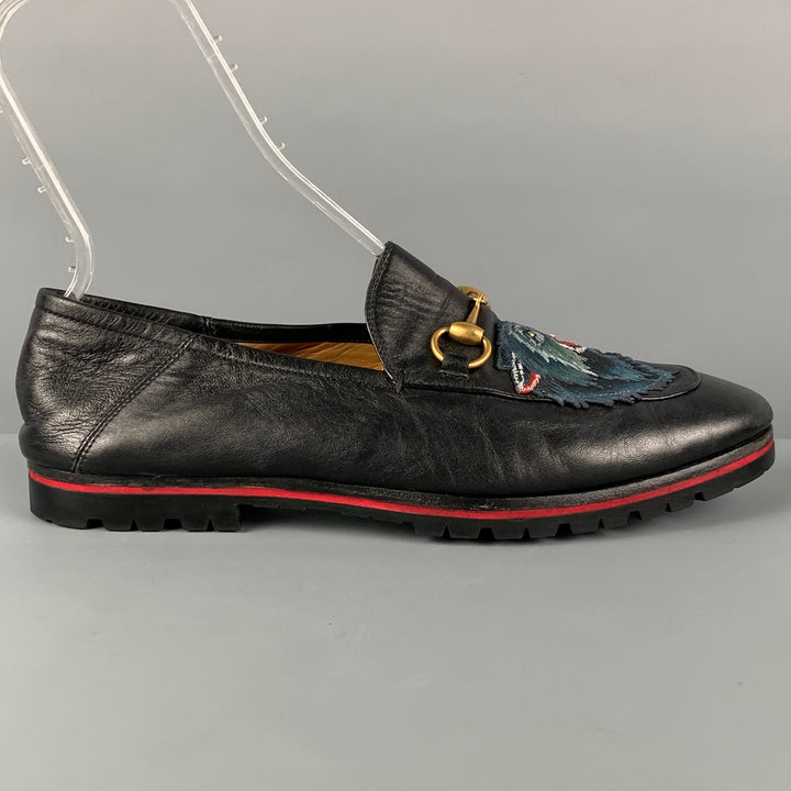 GUCCI Size 9.5 Black Wolf Patch Leather Slip On Loafers