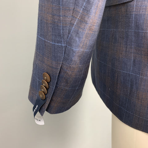 TOMMY HILFIGER Size 40 Navy & Brown Plaid Linen Notch Lapel Sport Coat